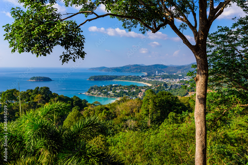 Karon View Point - View of Karon Beach, Kata Beach and Kata Noi in Phuket, Thailand. Landscape scenery of tropical and paradise island. Beautiful turquoise sea and blue sky on summer day.