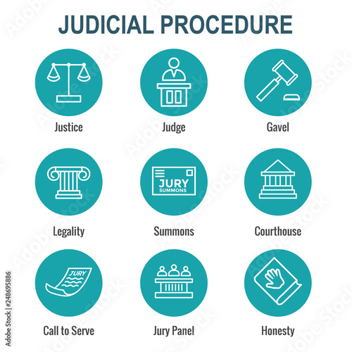 Law and Legal Icon Set with Judge, Jury, and Judicial icons