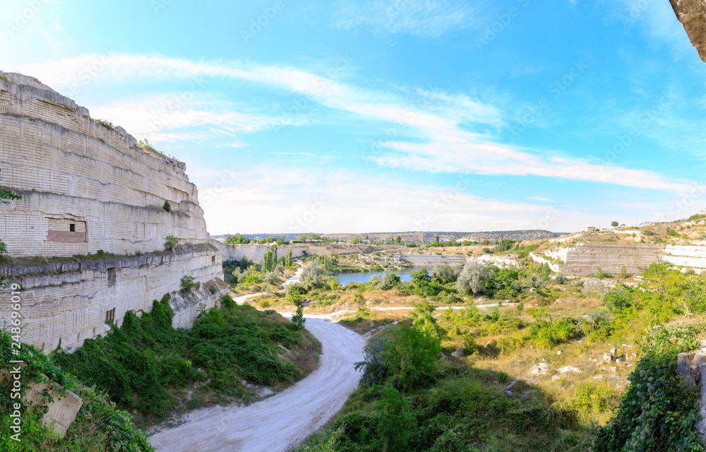 Fototapeta premium huge tunnel in limestone catacombs or limestone mine, Sevastopol, Crimea.