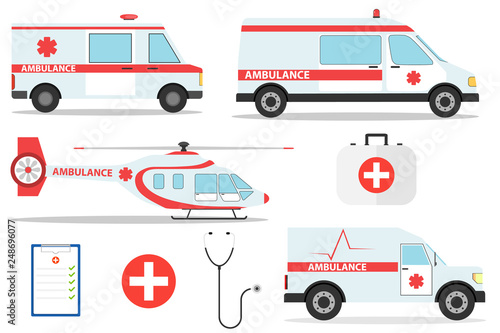 Ambulance car vector emergency ambulance-service vehicle or van and medical care transport in hospital illustration. Medical concept. Detailed illustration of ambulance cars and helicopter in flat