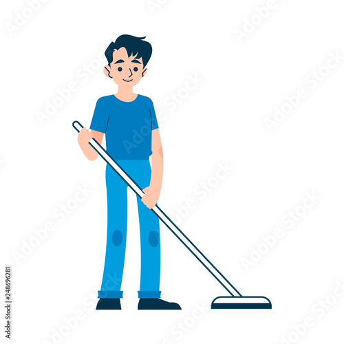 A man in a t shirt and jeans sweeps, mops the floor.