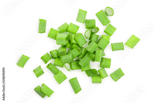 Chopped fresh green onions isolated on white background. Top view