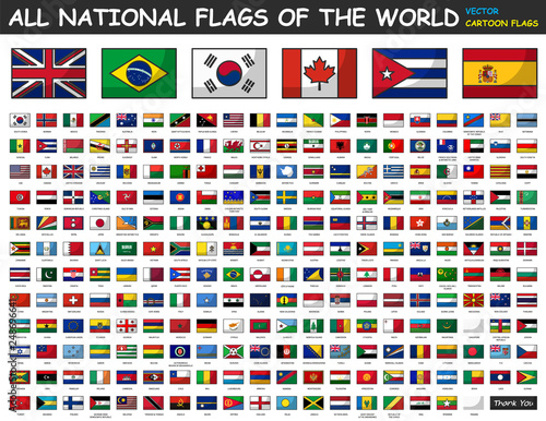 All national flags of the world . Cartoon style .