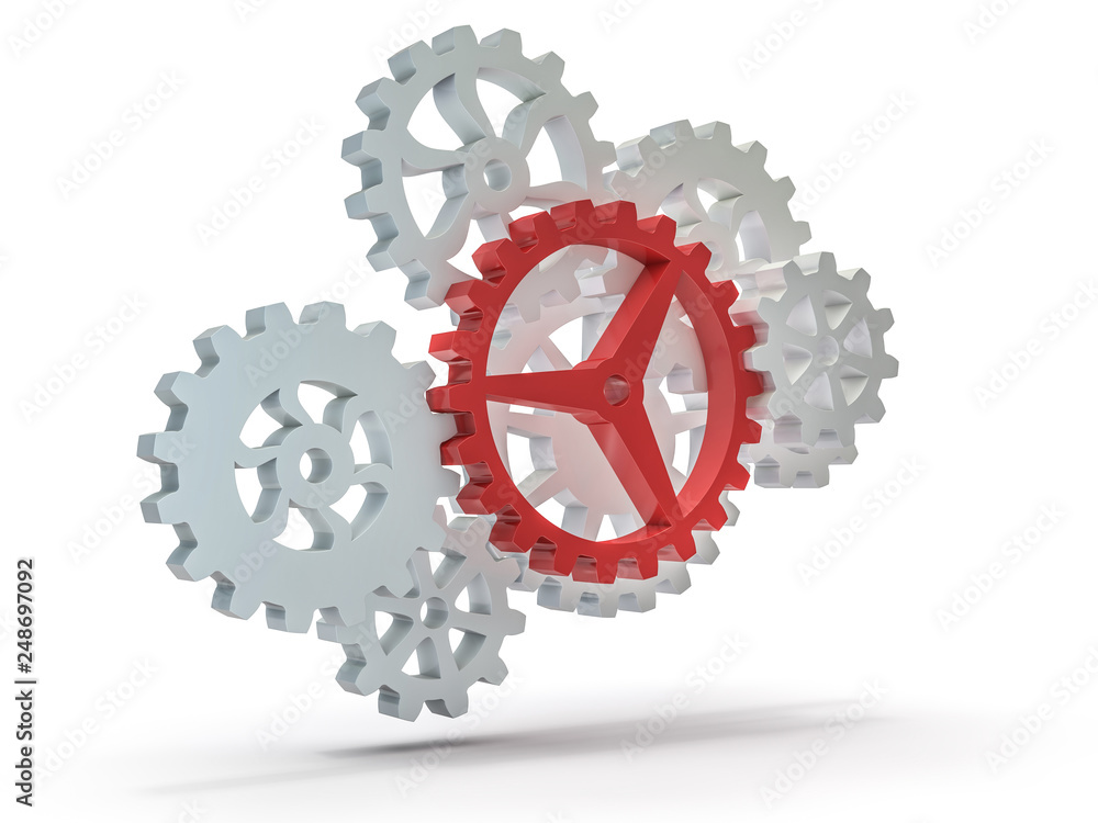 A cluster of interlocking metal gears. 3D