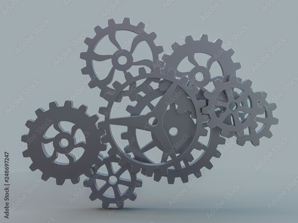 A cluster of interlocking metal gears. 3D A cluster of interlocking metal gears. 3D