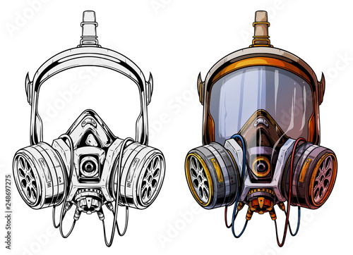Graphic detailed chemical gas mask respirator with protective glass and filters. Isolated on white background. Vector icons set.