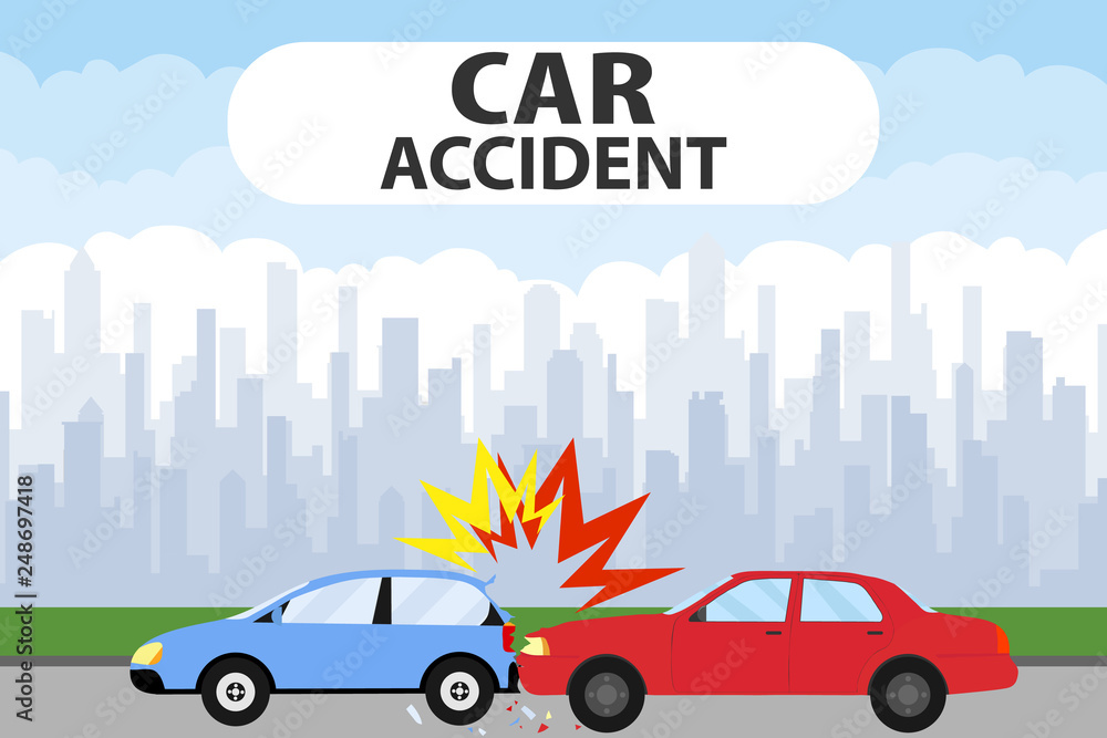 Car accident concept illustration. Car Accident on the road. Transporation Infographic. Banner Flat Vector Illustration.