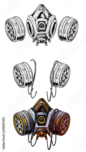 Graphic detailed black and white chemical gas mask respirator with protective glasses and filters. Isolated on white background. Vector icons set.