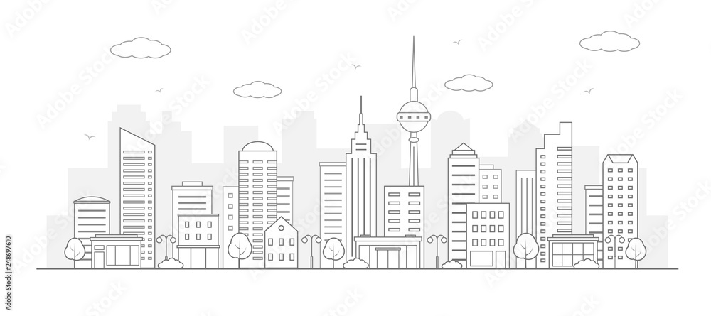 Modern urban landscape. City life illustration with house facades and other urban details. Line art. Vector.