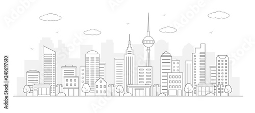 Modern urban landscape. City life illustration with house facades and other urban details. Line art. Vector.