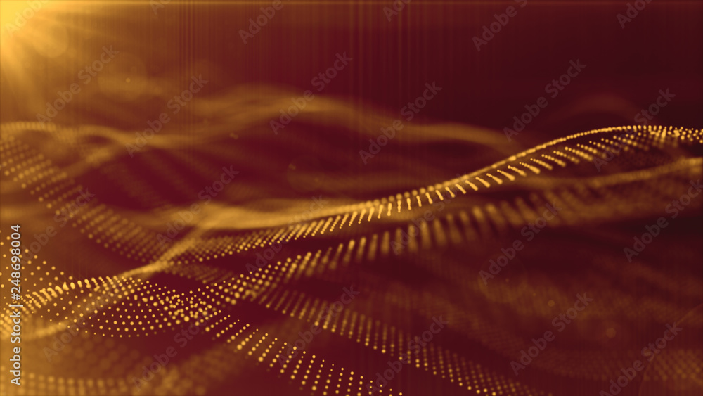 Golden yellow shiny Particles form line and surface grid. 3d rendering. Science fiction background of glowing particles with depth of field and bokeh. Golden yellow shiny Particles form line and surface grid. 3d rendering. Science fiction background of glowing particles with depth of field and bokeh.