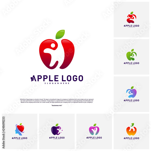 Set of Apple with Fun People Healthy life logo concept. Apple Creative Logo vector template. Icon symbol