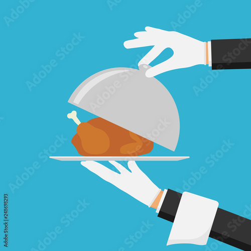 Waiter hands with cloche lid cover and towel vector illustration. Silver cloche in hand. Restaurant plate in elegant waiter hand. Food serving tray.