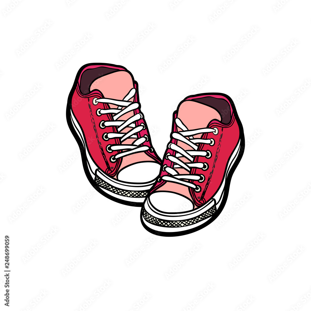 Sneakers shoes pair isolated. Hand drawn vector illustration of pink shoes.  Sport boots hand drawn for logo, poster, postcard, fashion booklet, flyer.  Vector sketch sneakers. Pink kids shoes set. Stock Vector