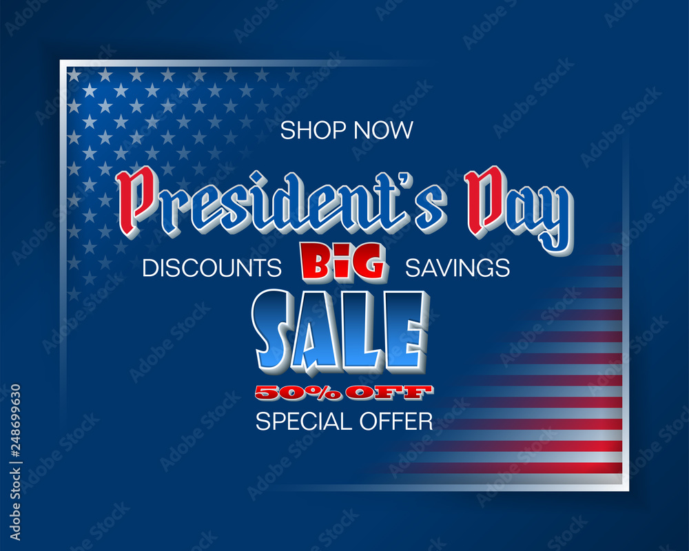 Holidays, design, background with 3d handwriting texts and national flag colors for American President's Day, sales and commercial events