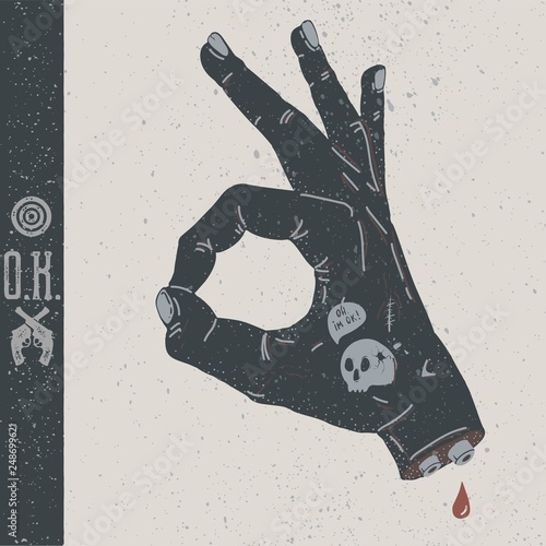 A-OK Hand sign. Black ink illustration in retro tatoo style. Vector grunge illustration