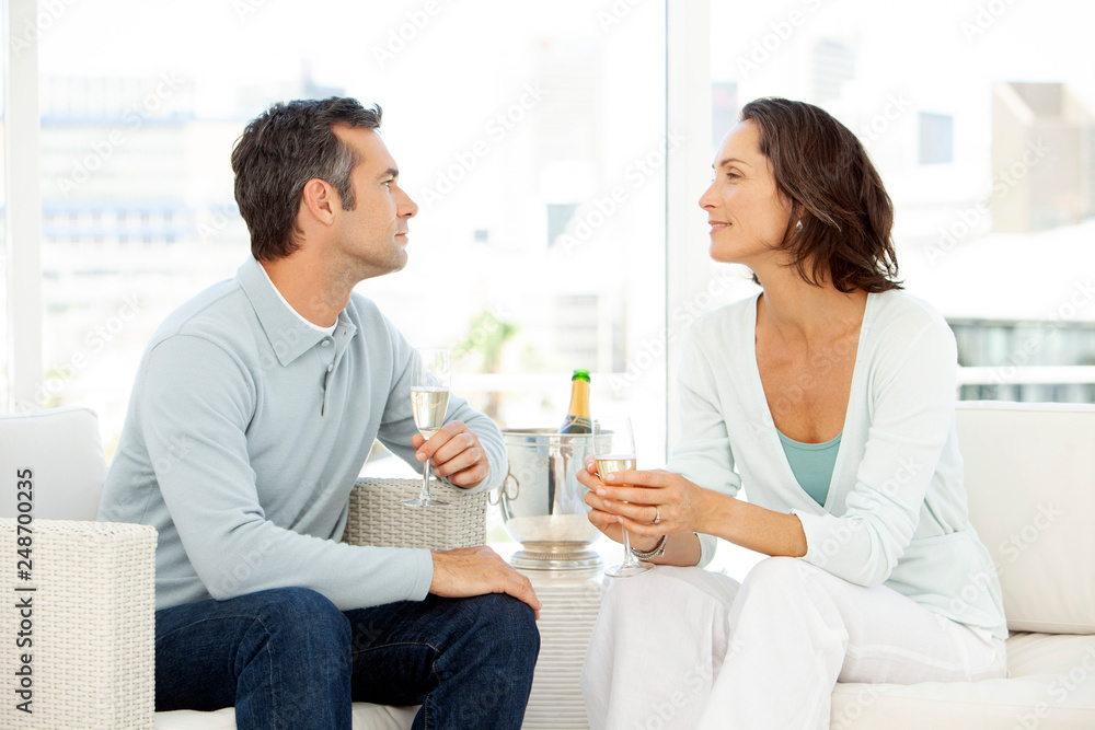 Beautiful middle aged couple dating and celebrating with champagne - Beautiful middle aged couple dating and celebrating with champagne -