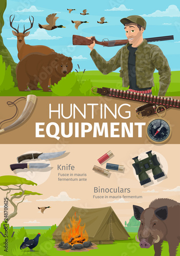 Hunting adventure, hunter equipment and animals