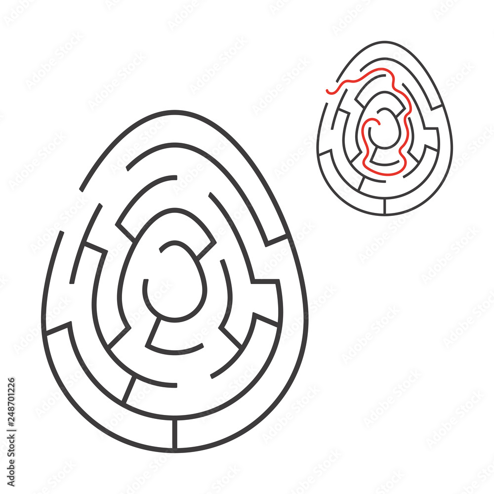 Black oval labyrinth. Game for kids. Puzzle for children. Holiday, egg, Easter. Maze conundrum. Flat vector illustration isolated on white background. With answer. Black oval labyrinth. Game for kids. Puzzle for children. Holiday, egg, Easter. Maze conundrum. Flat vector illustration isolated on white background. With answer.