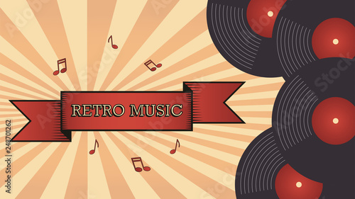 Retro banner - vinyl record, ribbon with text "retro music", musical notes on a yellow and orange sunburst background. Music event flyer/ layout.