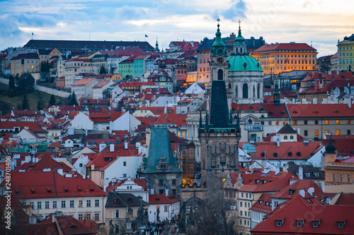 View on the red roofs of Mala Strana in Prague. Sunset
