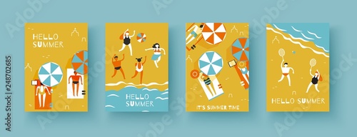 Summertime, people men and women sunbathe on the beach under parasols, play beach volleyball and badminton. Set of vector banners of A4 size