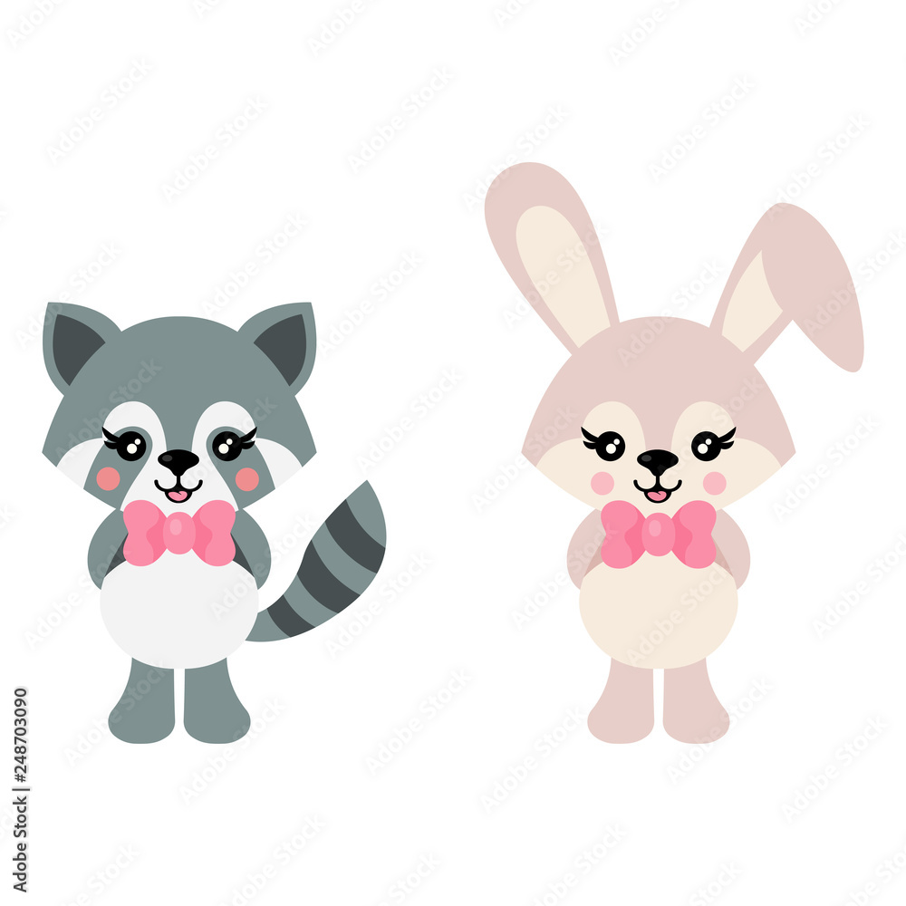 cartoon cute bunny and raccoon with tie