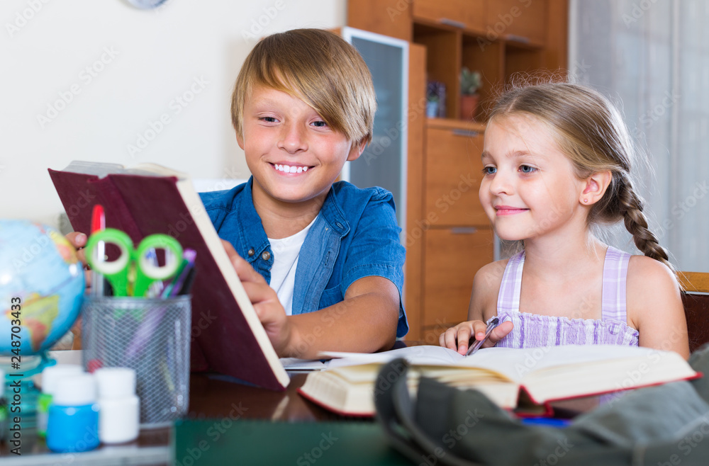 Fototapeta premium boy and sister studying with books