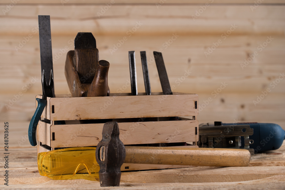 tools for working with wood. Carpenter. woodwork tools in wooden box