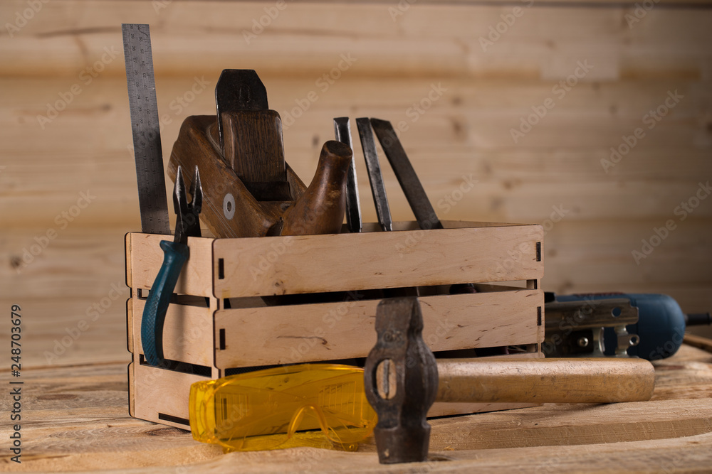 tools for working with wood. Carpenter. woodwork tools in wooden box tools for working with wood. Carpenter. woodwork tools in wooden box