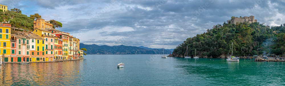 Panorama of the picturesque bay of Portofino in Liguria, Italy