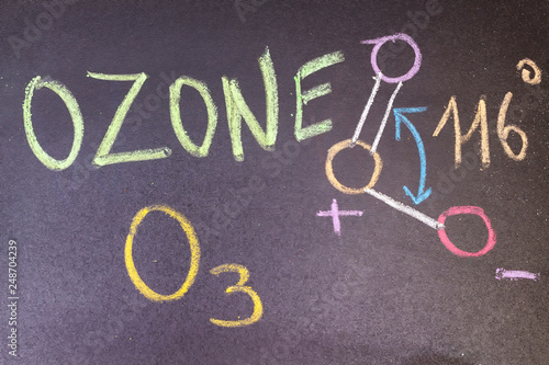 Photography name, chemical formula and structure diagram of Ozone handwritten on blackboard