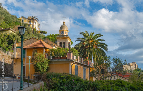 View of the colorful street in the beautiful italian village Portofino in the province of Genoa, Liguria region, Italy