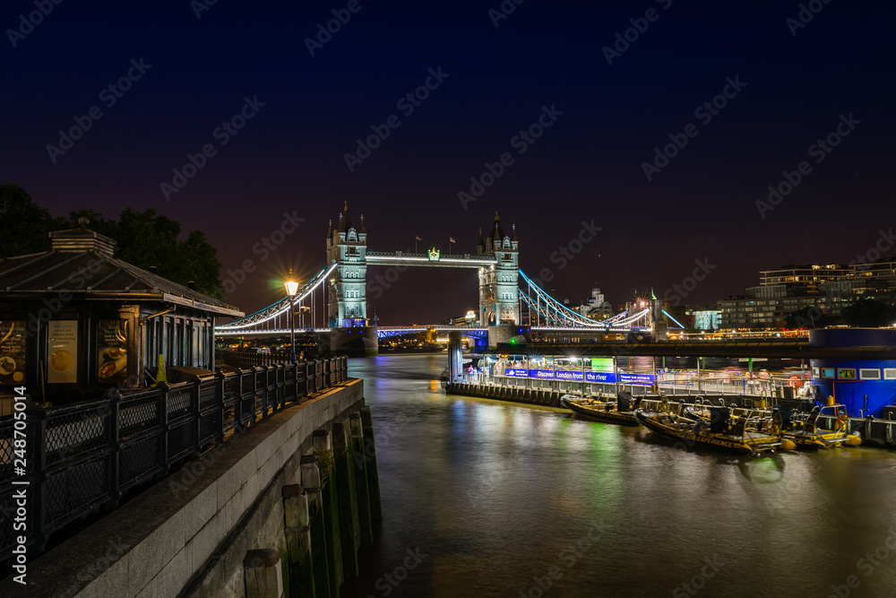 Tower Bridge at night in London, England, UK