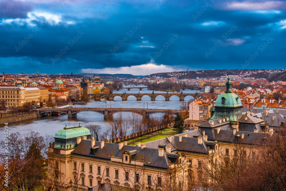 beautiful landscape of Bridges over Vltava river in Prague city, Czech Republic
