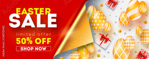 Easter sale get up to 50 percent discount. Banner with bended corner of golden page. Promo for shopping actions. Abstract pattern from golden easter eggs, gift boxes and toys on white background