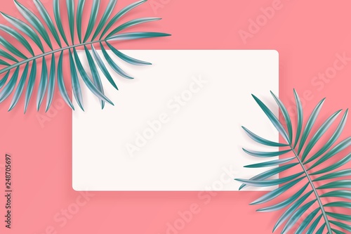 Tropical palm leaves frame on coral backdrop. Summer emerald tropical leaf. Exotic hawaiian jungle, summertime background. Pastel art colorful minimal style, Paper cut