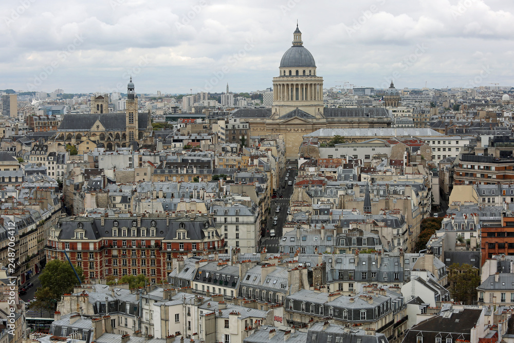 Panoramic view of Paris and the big dome of Pantheon