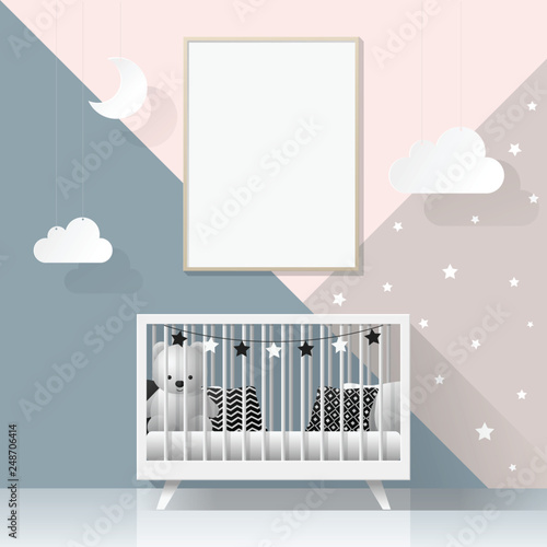 Mock up poster frame in modern baby bedroom , vector , illustration