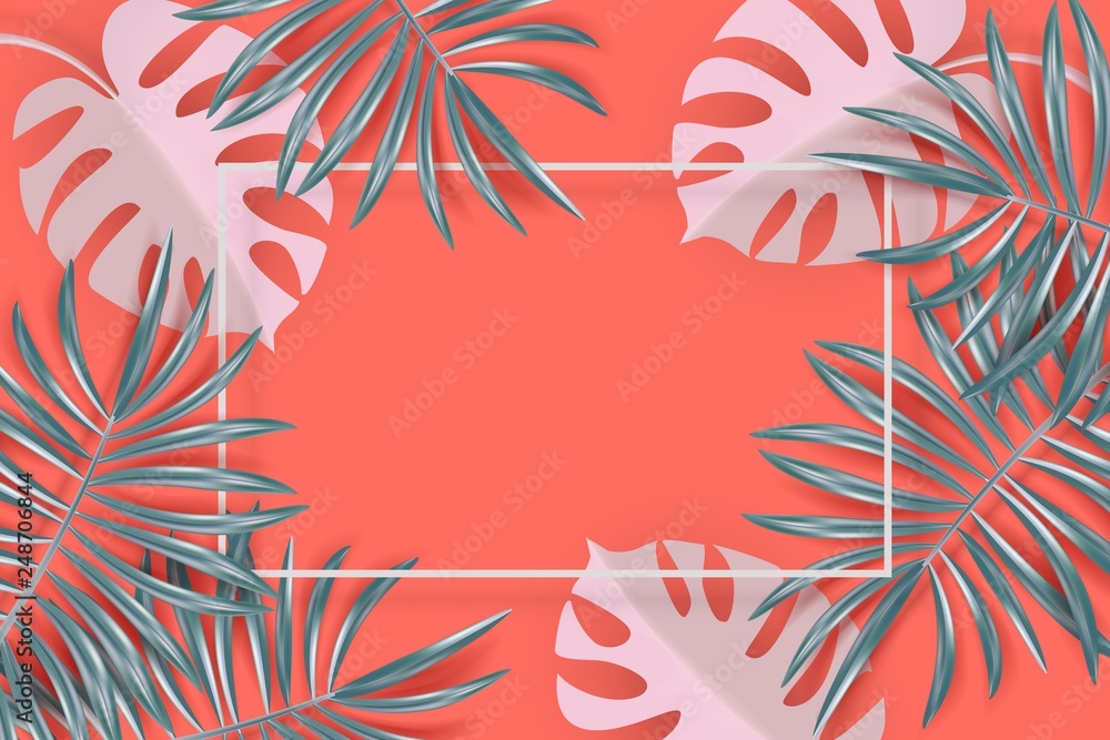 Vector tropical banner with silvery palm and monstera leaves on living coral backdrop. Exotic hawaiian jungle design, summertime background. Pastel minimal style Vector tropical banner with silvery palm and monstera leaves on living coral backdrop. Exotic hawaiian jungle design, summertime background. Pastel minimal style