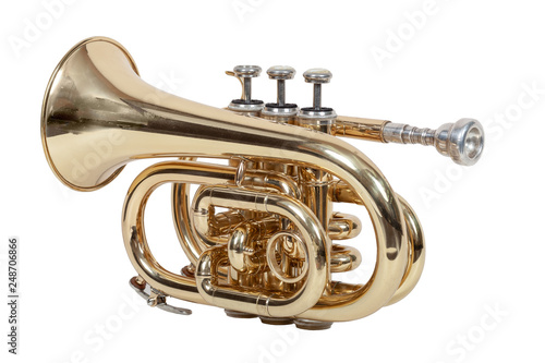 classical wind musical instrument cornet isolated on white background