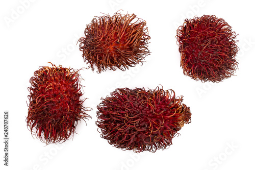 rambutan isolated on white background. Tropical fruit. Nephelium lappaceum. Top view. Flat lay photo