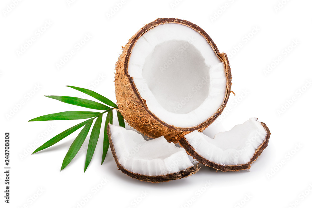 half of coconut with leaves isolated on white background half of coconut with leaves isolated on white background