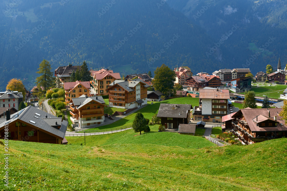View of the mountain village Wengen in Switzerland.