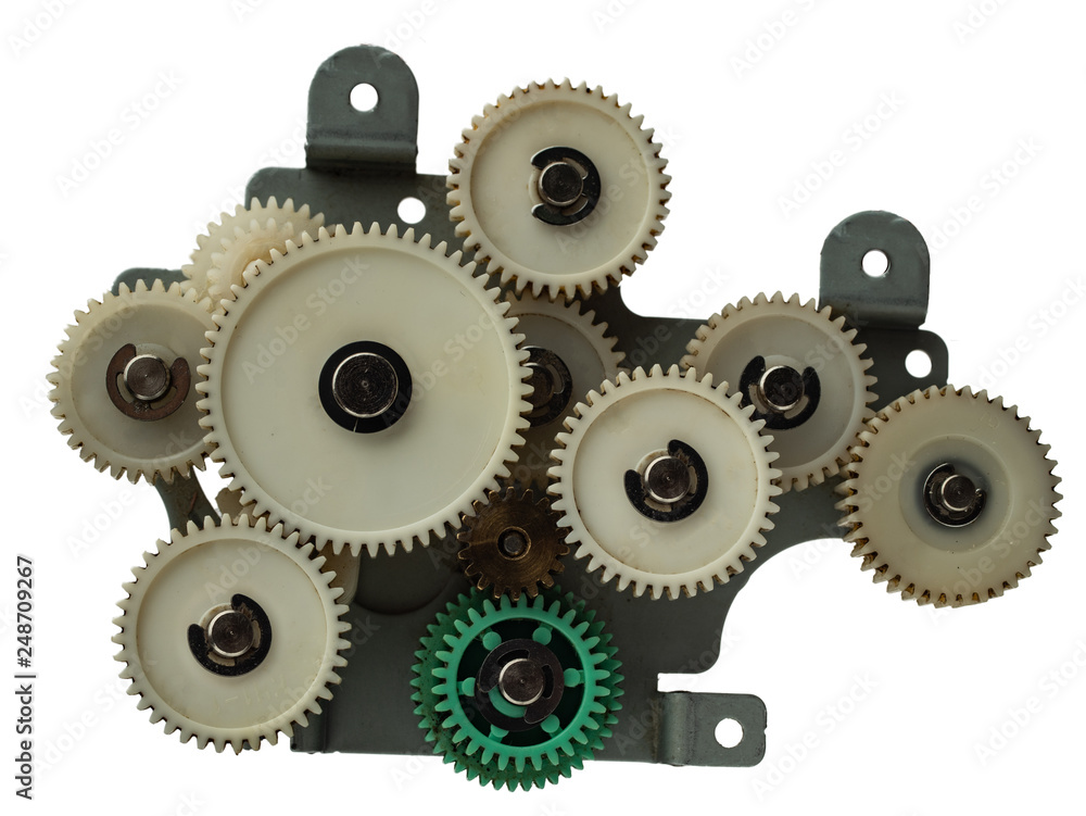 Mechanism with gears, electric motor and propeller on white background Mechanism with gears, electric motor and propeller on white background