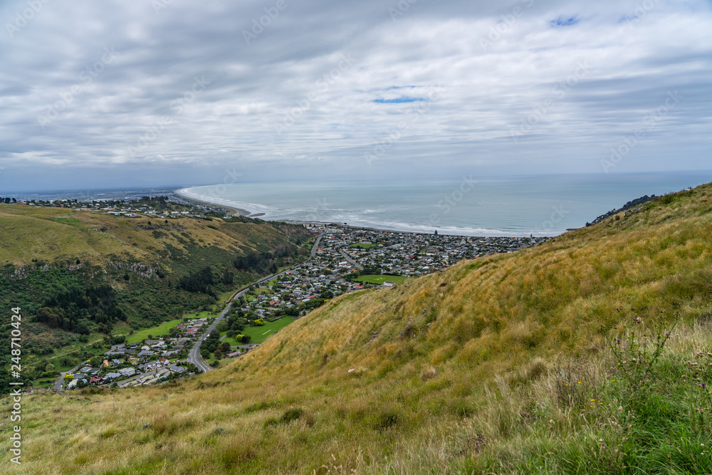 Naklejka premium great view from the hills at Taylors mistake walkway, Taylors mistake track nature, New Zealand's beautiful nature, nature landscape, New Zealand landscape.
