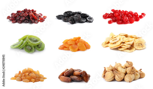 Set of different delicious dried fruits on white background