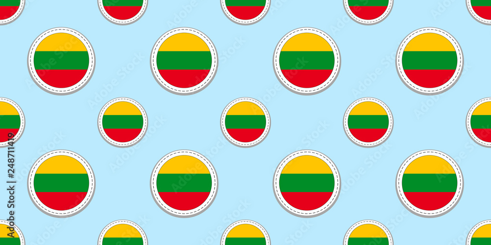 Lithuania round flag seamless pattern. Lithuanian background. Vector circle icons. Geometric symbols stickers. Texture for sports pages, games, travelling design elements. patriotic wallpaper. Lithuania round flag seamless pattern. Lithuanian background. Vector circle icons. Geometric symbols stickers. Texture for sports pages, games, travelling design elements. patriotic wallpaper.
