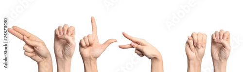 Woman showing phrase Help Me on white background. Sign language