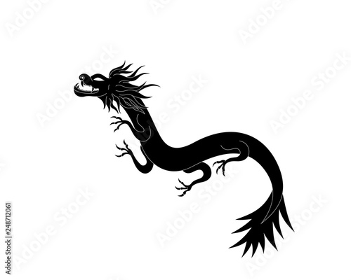 Drawing of an Asian style dragon, black silhouette, vector illustration